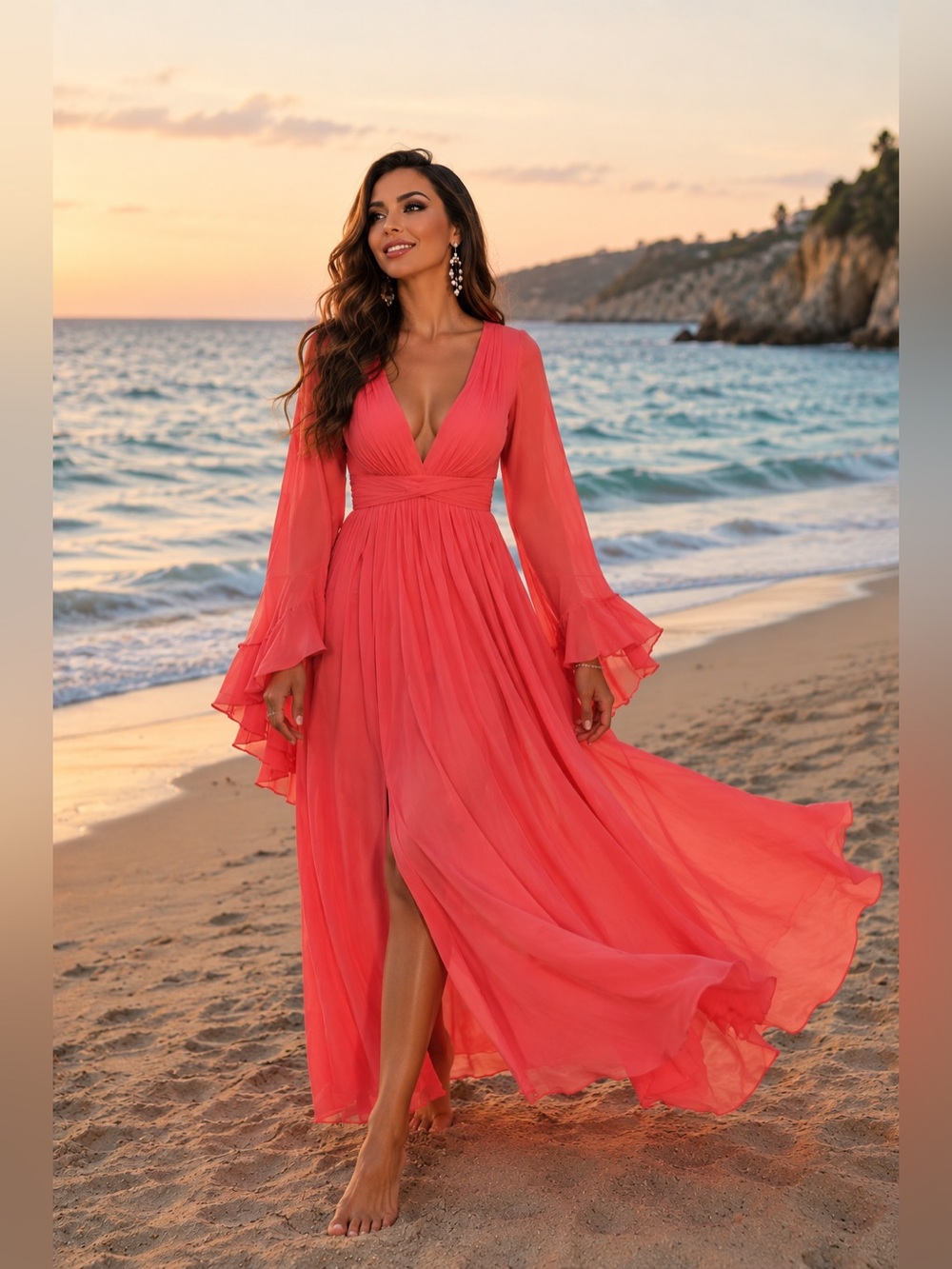 Coral Maxi Dress Long Sleeve Deep V-Neck Pleated Formal Evening Gown S